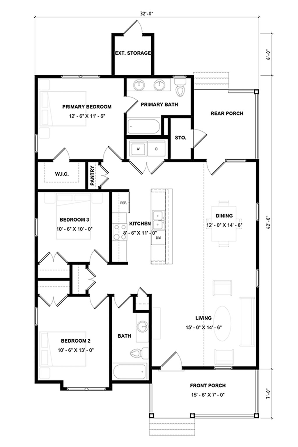Floor Plan - Main Floor for Bungalow House Plan #936-30 - 3 bed, 2 bath