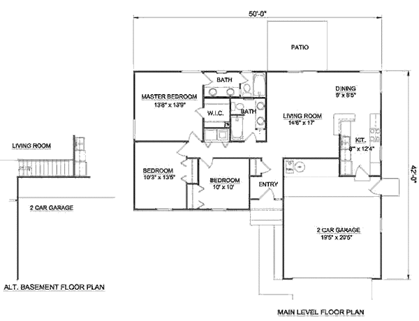Ranch Style House Plan 3 Beds 2 Baths 1250 Sq/Ft Plan