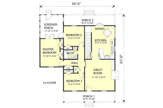 Floor Plan - Main Floor for Farmhouse House Plan #44-119 - 3 bed, 1 bath