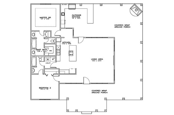 Floor Plan - Main Floor for Craftsman House Plan #8-299 - 2 bed, 2 bath