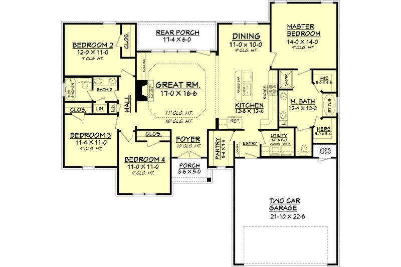 Architectural House Design - Floor Plan - Main Floor for Ranch House Plan #430-93 - 4 bed, 2 bath