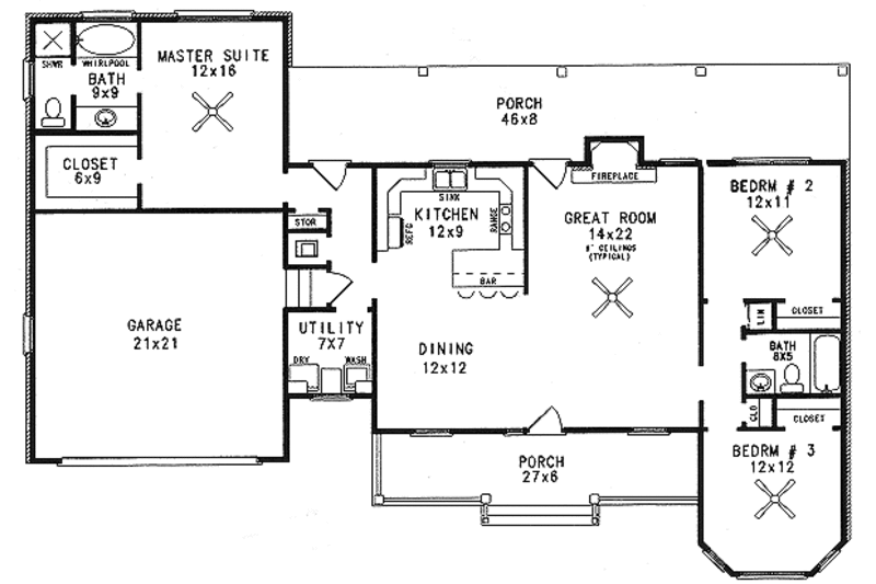 Country Style House Plan - 3 Beds 2 Baths 1455 Sq/Ft Plan #14-133 ...