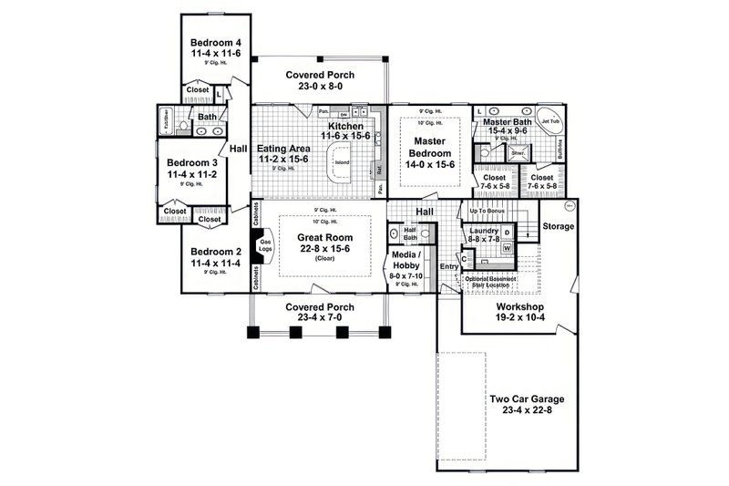House Blueprint - Floor Plan - Main Floor for Farmhouse House Plan #21-619 - 4 bed, 2.5 bath