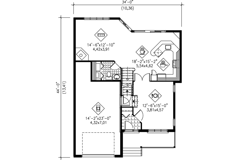 House Blueprint - Floor Plan - Main Floor for European House Plan #25-233 - 3 bed, 1.5 bath