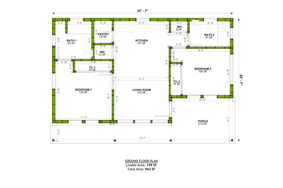 Floor Plan - Main Floor for Ranch House Plan #1106-137 - 2 bed, 2 bath