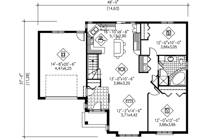 Dream House Plan - Floor Plan - Main Floor for Ranch House Plan #25-1033 - 2 bed, 1 bath