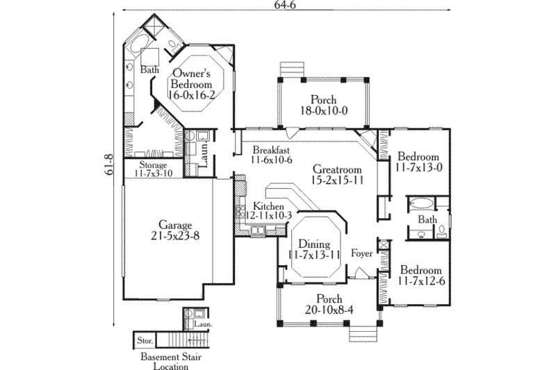 House Blueprint - Floor Plan - Main Floor for Southern House Plan #406-193 - 3 bed, 2 bath