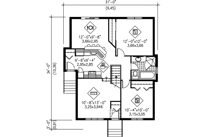 House Blueprint - Floor Plan - Main Floor for Traditional House Plan #25-196 - 2 bed, 1 bath
