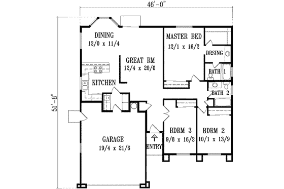 Floor Plan - Main Floor for Adobe / Southwestern House Plan #1-413 - 3 bed, 2 bath