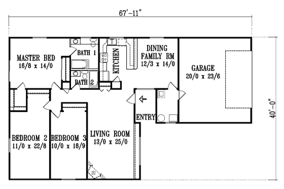 Floor Plan - Main Floor for Ranch House Plan #1-1342 - 3 bed, 2 bath
