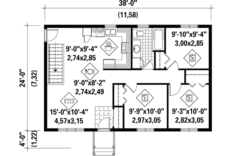 House Blueprint - Floor Plan - Main Floor for Country House Plan #25-4661 - 3 bed, 1 bath
