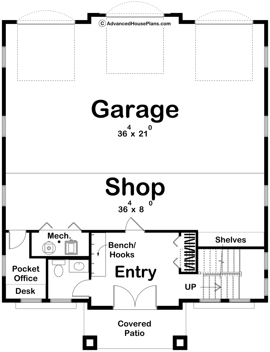 Floor plan of a garage with a shop, pocket office, and various storage