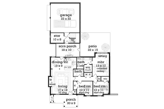 Floor Plan - Main Floor for Craftsman House Plan #45-374 - 3 bed, 2 bath