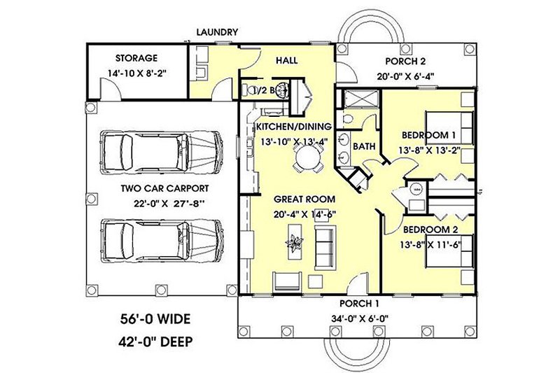 Home Plan - Floor Plan - Main Floor for Cottage House Plan #44-149 - 2 bed, 1.5 bath
