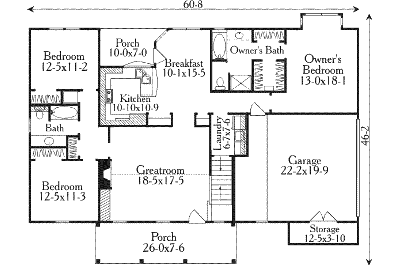 Dream House Plan - Floor Plan - Main Floor for Country House Plan #406-238 - 3 bed, 2 bath