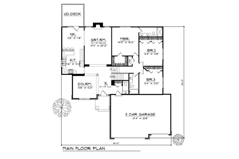 Home Plan - Floor Plan - Main Floor for Traditional House Plan #70-232 - 3 bed, 2.5 bath